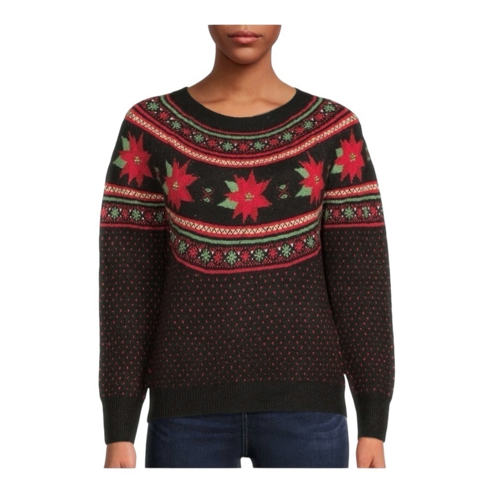 Holiday Time Poinsettia Holiday Sweater Crew Neck Black Red Womens Plus Sz S 4-6